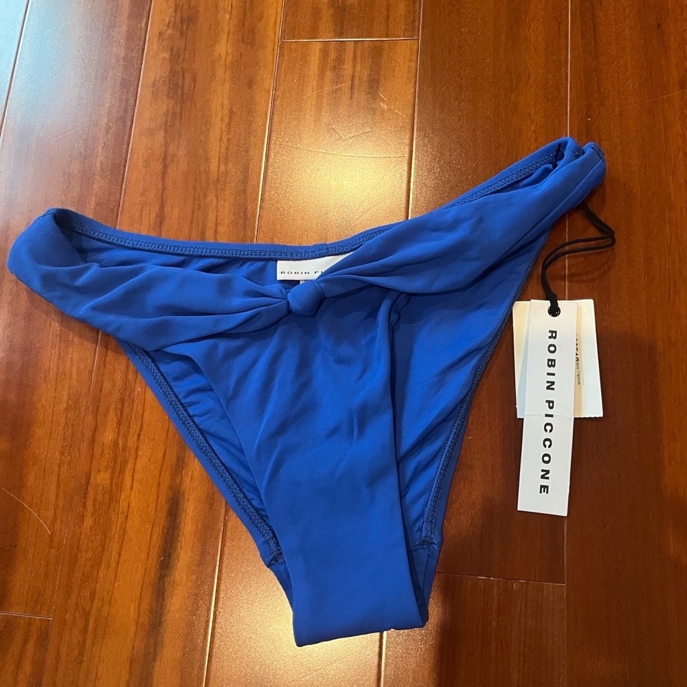 New NWT Robin Piccone Bikini Bottom Blue‎ Swimwear Knot Detail Swim Size Small